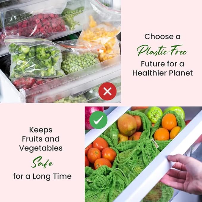 Buzzspree Eco-Friendly Cotton Mesh Produce Bags – Reusable, Washable & Sustainable Drawstring Net Bags for Fruits, Vegetables, Grocery Shopping & Kitchen Storage Organizer