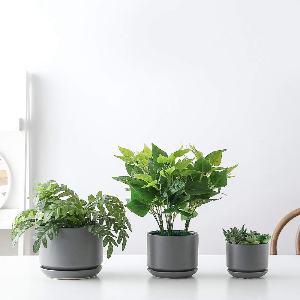 Yishang Succulent Plant Pots,6.7+5.3+4.1 in Glazed Ceramic Planters with Connected Saucers, Round Modern Ceramic Flower pots - Small to Large Sized Plant pots for All House Plants(Matte Grey)