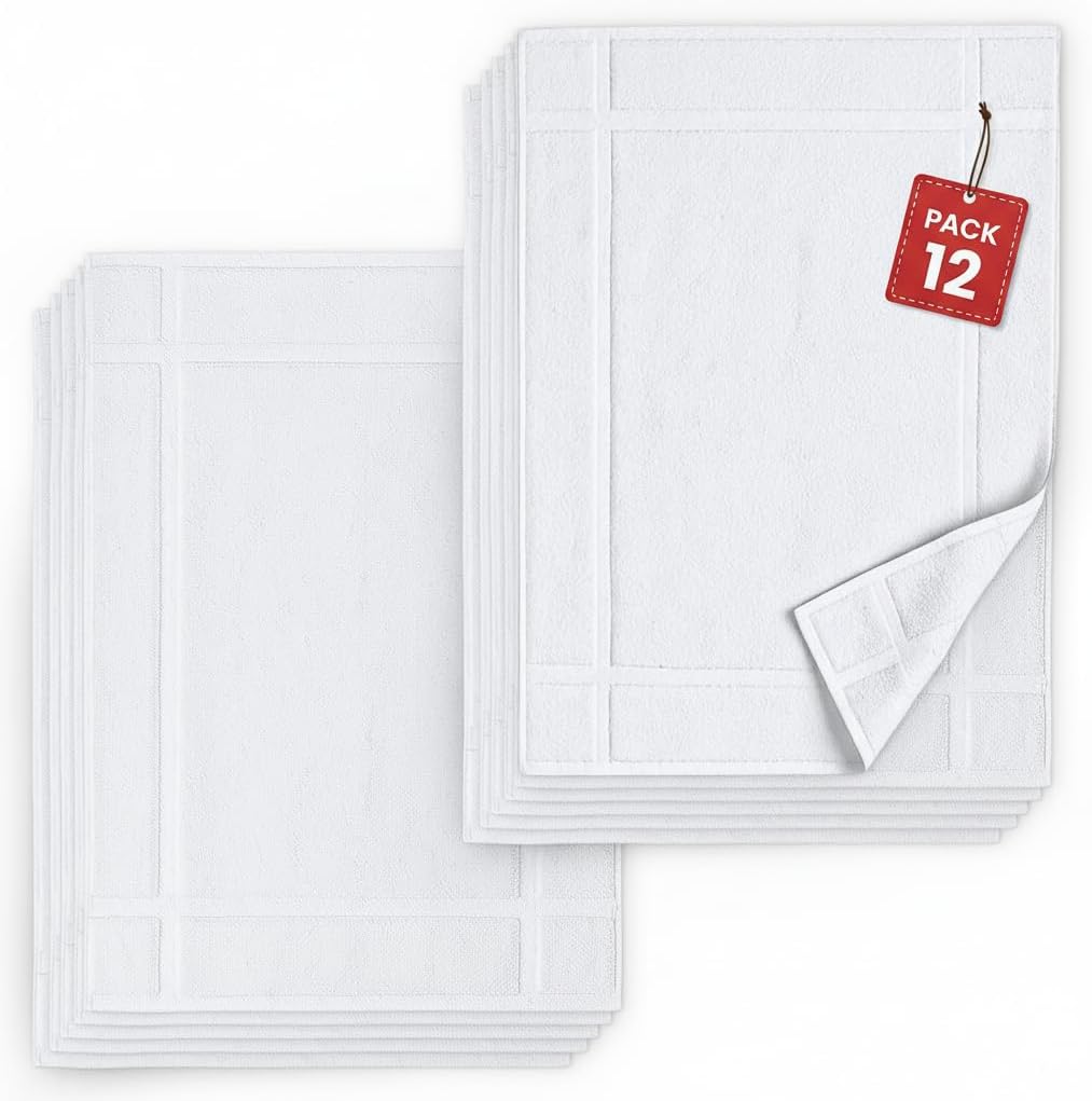 Pearl Linens Pack of 12 100% Cotton Bath Mat 18x25 inches, Soft & Absorbent Quick Dry Bathroom Mat Set, Not Bathroom Rugs, After Shower Mat, Bath Tub Mat, 687 GSM, Machine Washable, White