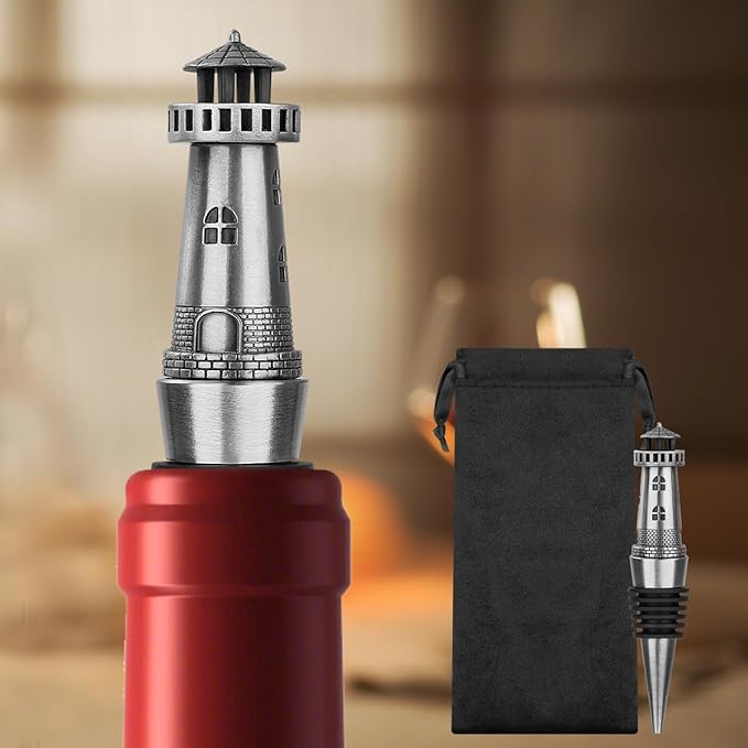 Nautical Lighthouse Wine bottle Stopper for Wine Champagne, Lighthouse Gifts Wine Gifts for Men Women Pharos Lovers, Wine Saver, Wine Accessories, Silver