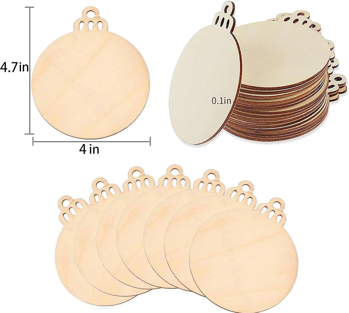pojah 60PCS Wood Slices,4" Wooden Christmas Ornaments,Unfinished Predrilled Wood Circles for Crafts Centerpieces,DIY Round Wooden Discs Hanging Decorations