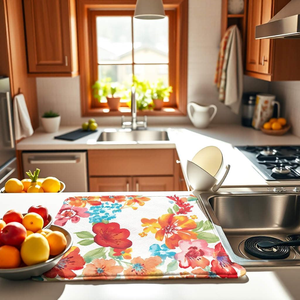 Red Floral Dish Drying Mat for Kitchen Counter Large 18x24 Microfiber Absorbent - Foldable, Non-Slip, Compact Kitchen XL Drying Mats for Dishes, Countertops, and Cookware