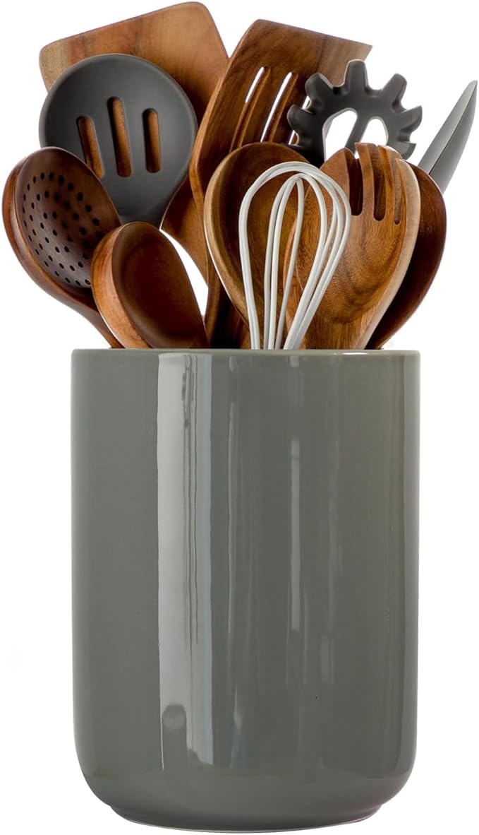 Kitchen Utensil Holder, Ceramic Utensil Holder for Kitchen Counter, Stable Cooking Utensil Crock, Spatula Holder for Farmhouse Countertop（H6.3inch)