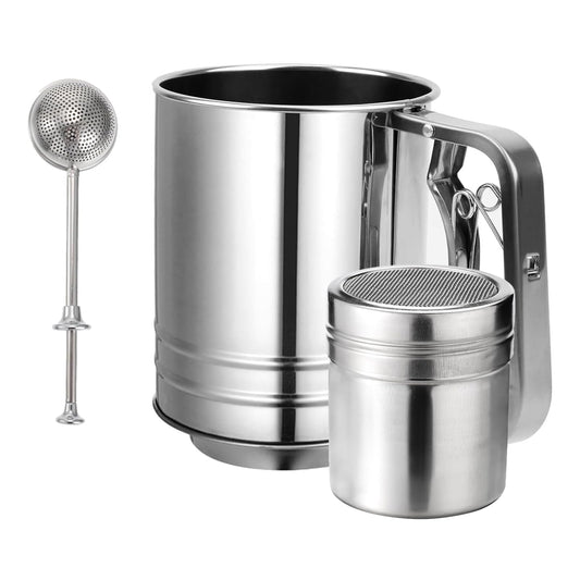 Flour Sifter, 3 in 1 Stainless Steel Sifter for Baking, 3 Cup Double Layer Fine Mesh Sifter, Powdered Sugar Shaker Duster Set for Baking Cakes, Pastries, Pies, Cupcakes and Desserts