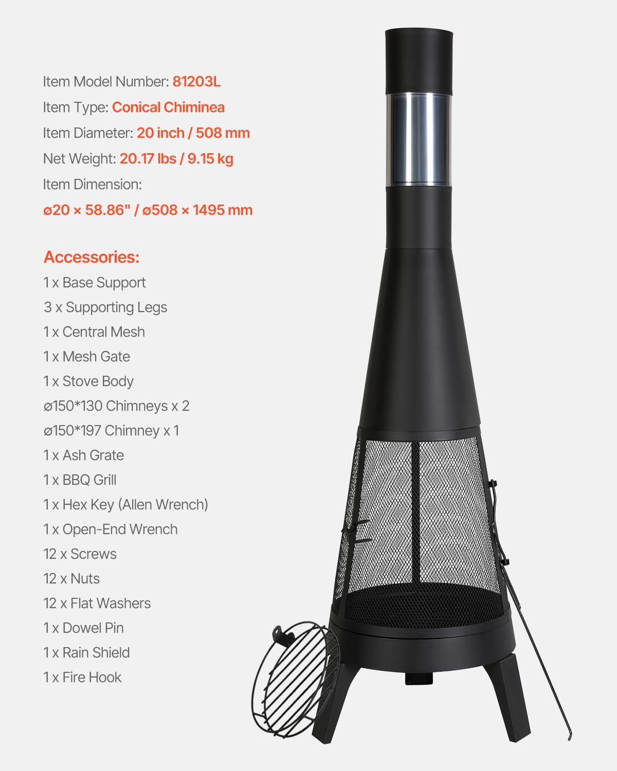 VEVOR Chiminea, 20 Inch Outdoor Wood Burning Firepit, Conical Fireplace for BBQ & Warming, Outside Wooden Fire Pit with Grill Mesh, Chimney Coat & Rustproof Chiminea Lid, for Patio, Garden, Backyard