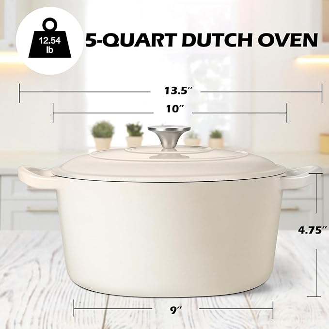 TeamFar 5Qt Dutch Oven, Enameled Cast Iron Dutch Oven with Lid & Dual Handles for Cooking Baking Braising Simmering, Healthy & Sturdy, Oven & Various Stovetops Safe, Non-stick & Easy Clean - Cream White