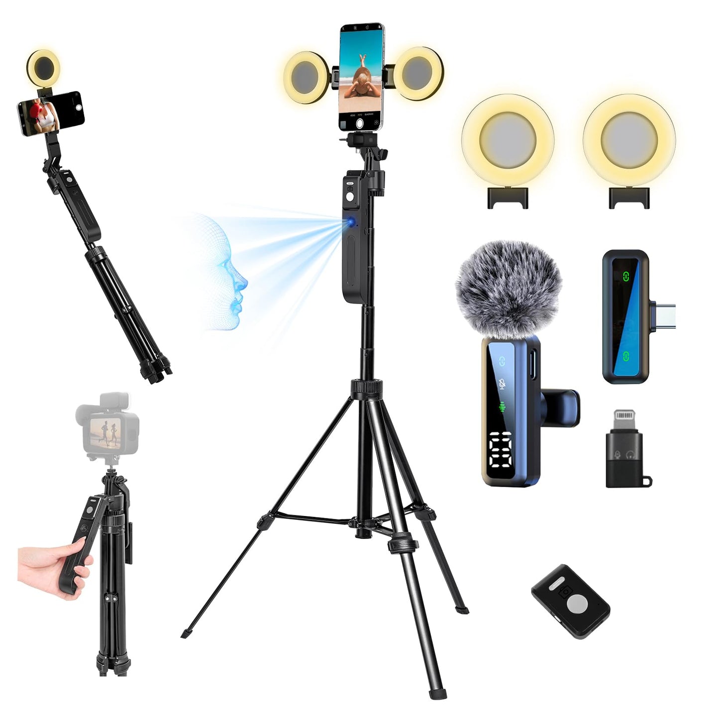 Litchitech 70.9    Auto Face Tracking Tripod For Iphone Anriod Phone,Vlogging Kit For Iphone,Content Creator Essentials,With Lig