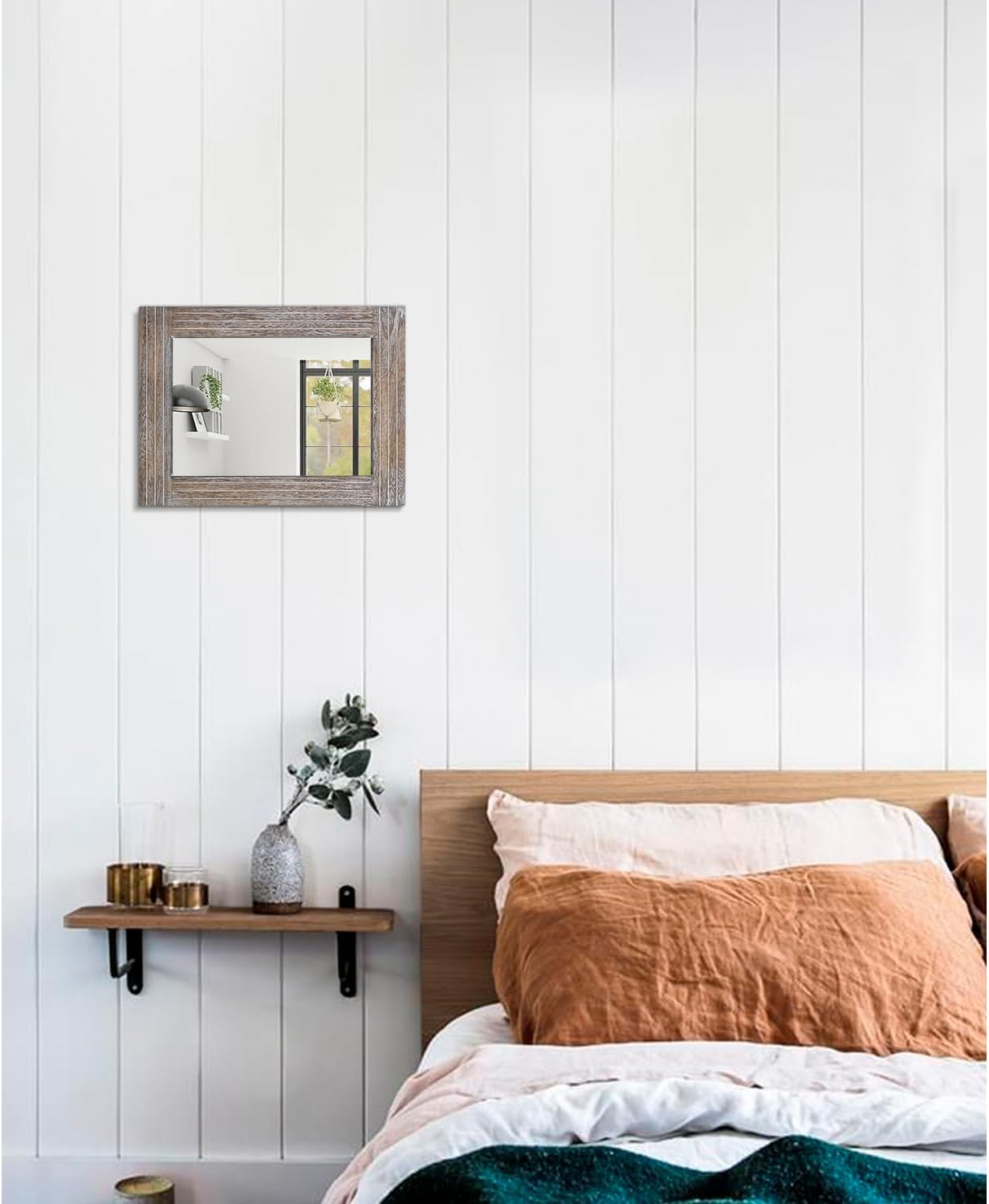 Rustic Wood Framed Wall Mirror Farmhouse Rectanglular Vintage Antique Decor Hanging Mirror for Bathroom Bedroom Living Room Entryway Small