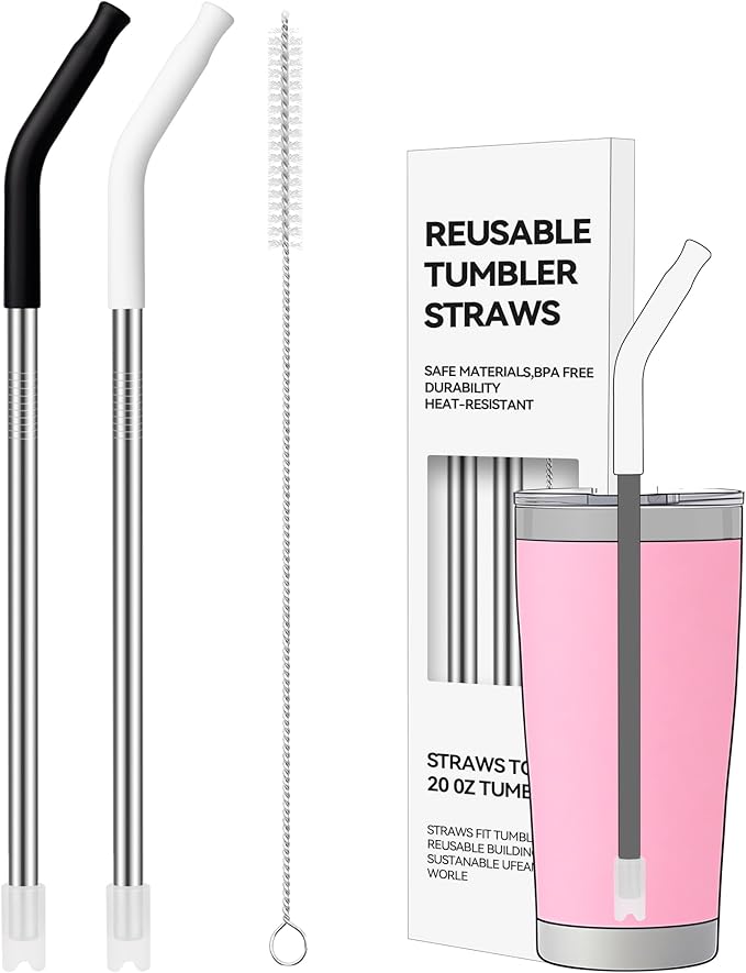 20 oz Straight Metal Straws with Silicone Tip for Tumbler, 2 PACK Stainless Steel Reusable Drinking Metal Straw for 20oz YETI, STANLEY, US Acrylio, BJPKPK, Simple Modern and so on