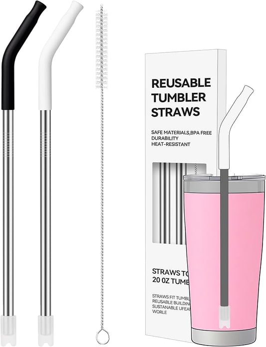 20 oz Straight Metal Straws with Silicone Tip for Tumbler, 2 PACK Stainless Steel Reusable Drinking Metal Straw for 20oz YETI, STANLEY, US Acrylio, BJPKPK, Simple Modern and so on