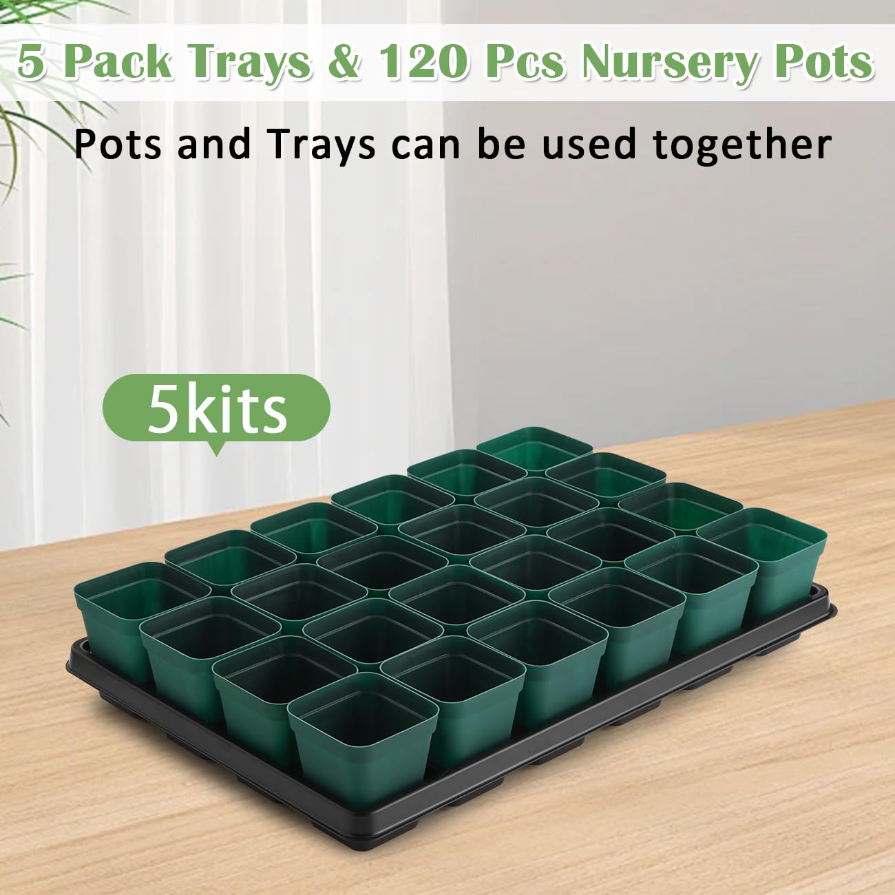 RooTrimmer 2.8 inch (7CM) Square Nursery Pots 120pcs (Green) and 24 Cell Nursery Pots Trays 5 Pack, Plastic Seedling Starter Tray with Drain Holes for Carrying and Holding Plant Pot(17"x11"x1.6")
