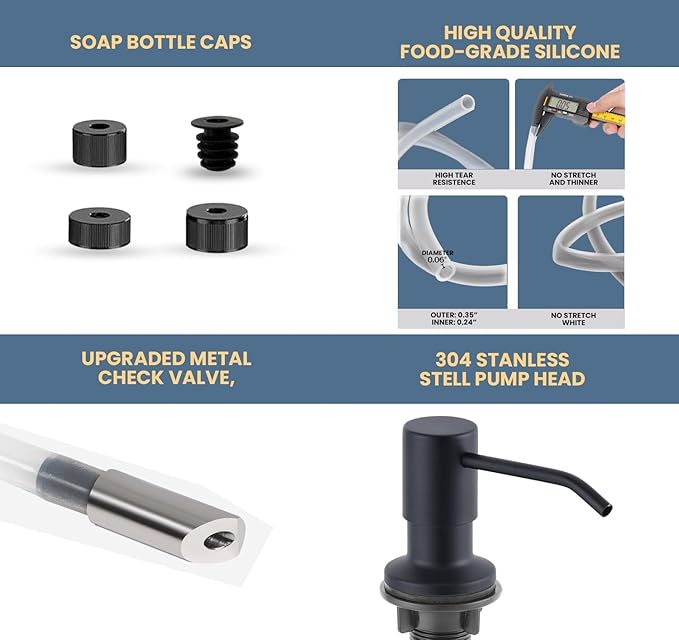 SBEN Built-in Kitchen Sink Soap Dispenser – Stainless Steel Pump, 17 oz Bottle and Extension Tube Kit 47", Upgraded Metal Check Valve, Countertop Hand Soap & Lotion Dispenser (Matte Black)