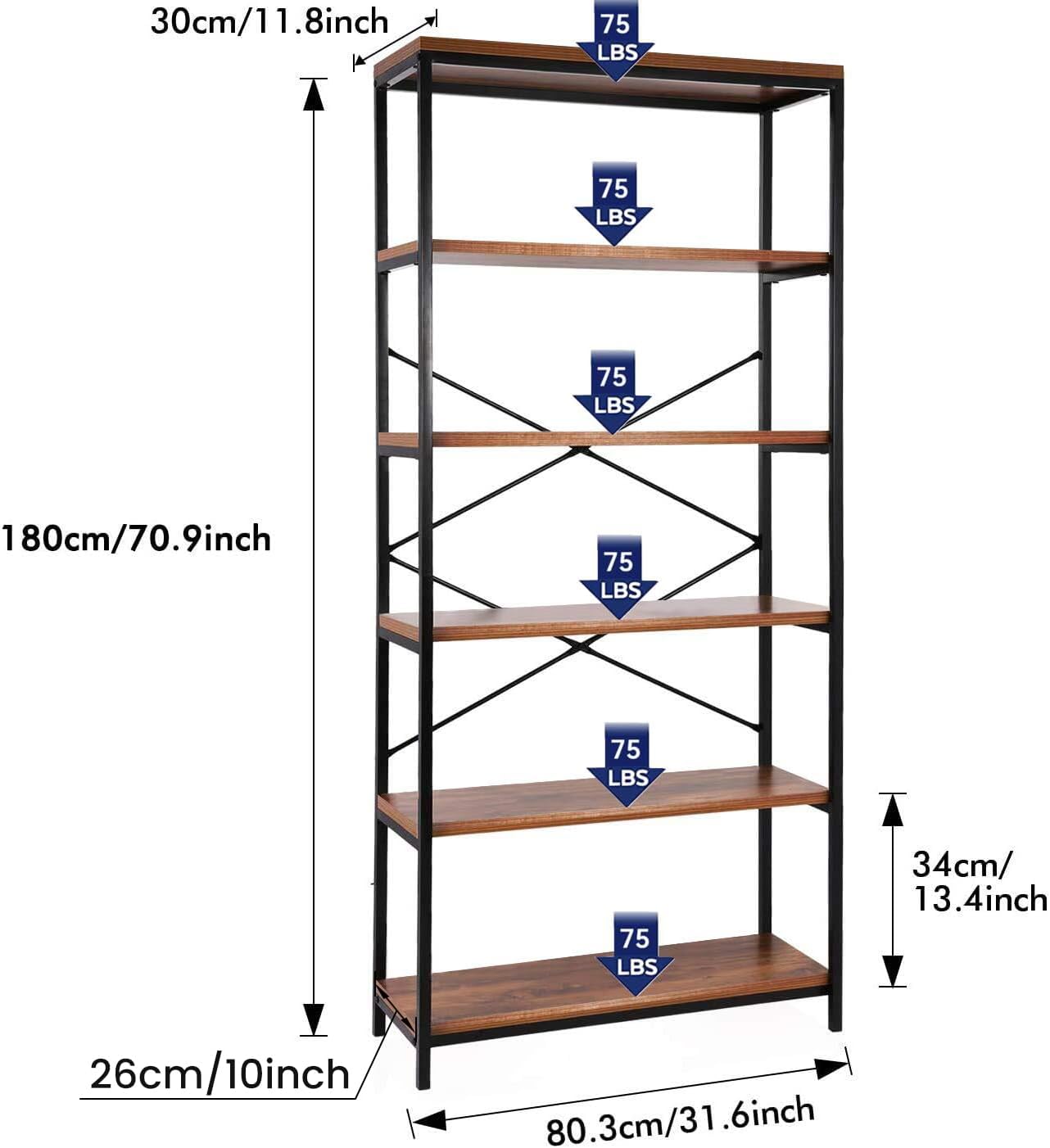Himimi 6-Tier Bookshelf Set of 2,Tall Bookcase Industrial Wood Storage Rack with Open Book Shelves,Modern Metal Standing Organizer,Vintage Display Rack for Living Room, Office, Bedroom, Rustic Brown