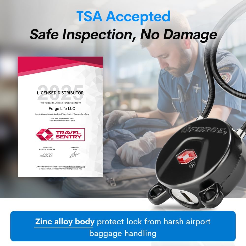Forge TSA Approved Luggage Locks, Ultra-Secure Dimple Key Travel Lock, Extra long-15'' Cable Locks with Zinc Alloy Body