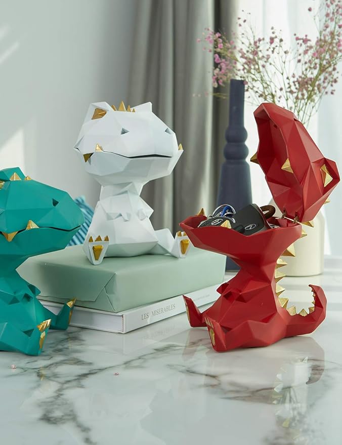 HAUCOZE Dinosaur Statue Candy Dish Key Bowl Dino Gifts Sculpture Modern Home Decor Accessories Pop Arts Polyresin Cookie Jar White 7.5 inch
