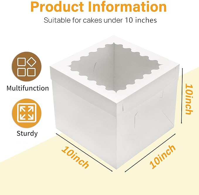 10pcs Tall Cake Boxes,10x10x10 Bakery Boxes for Tier Cakes with Window, 10 Inch Large Baking Boxes,10x10 Square Cardboard Cake Box,Cake Decorating Supplies for Gift Giving