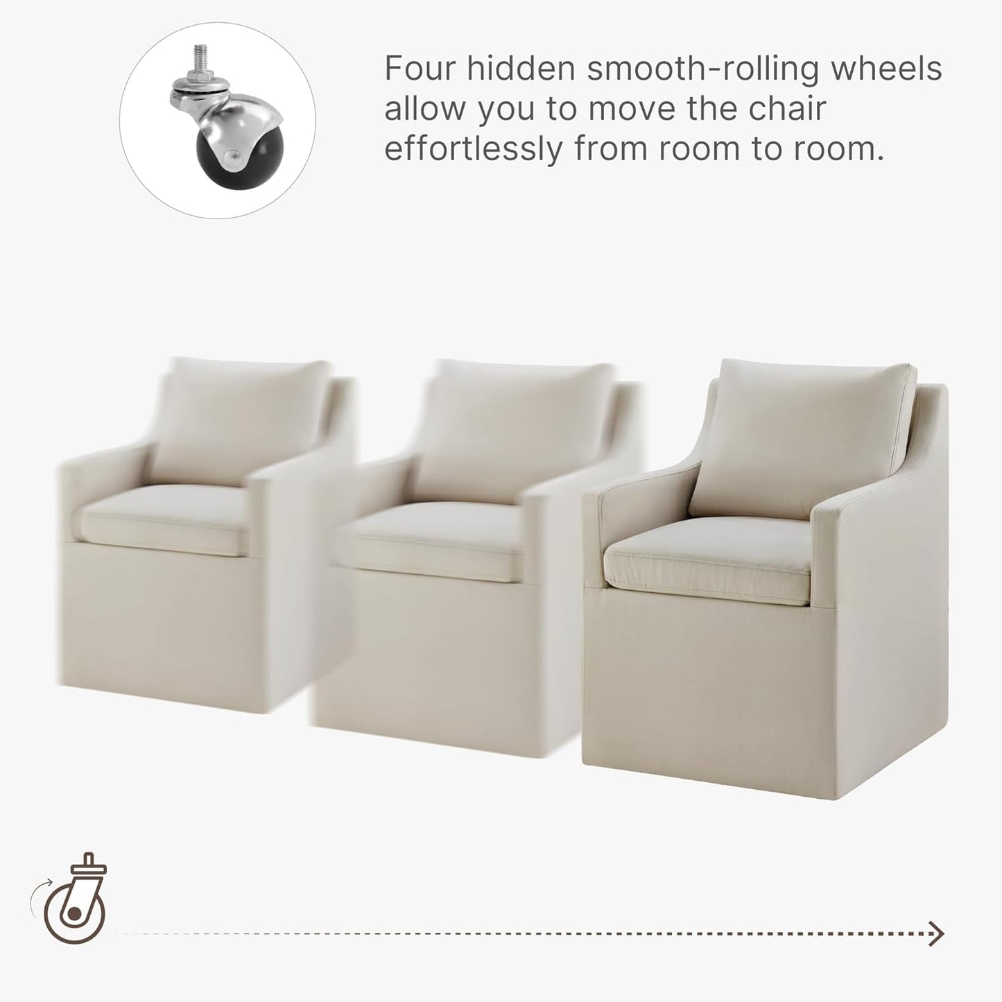 Upholstered Dining Chairs with Casters Washable Cover Side Deskchair with Rollers for Diningroom, Living Room, Flax Beige, 2 Box