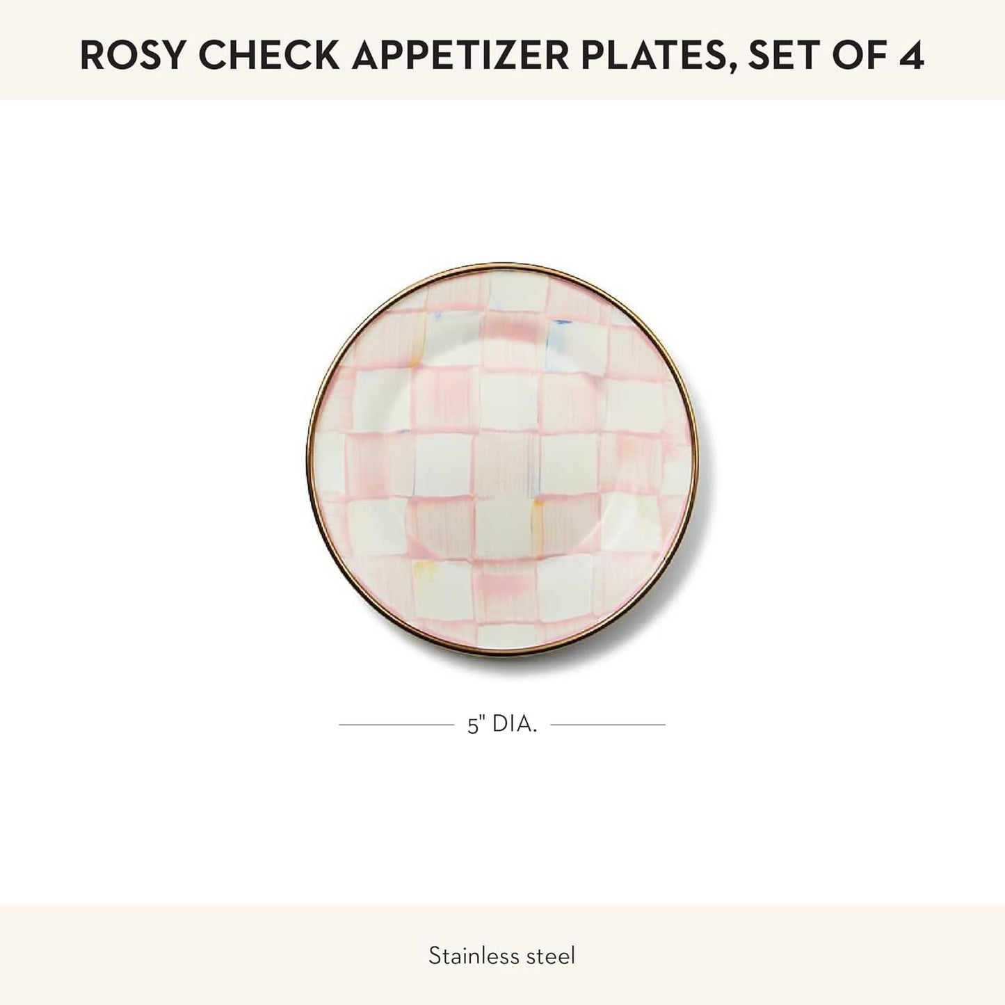 MACKENZIE-CHILDS Set of 4 Enamel Appetizer Plates, Mini Dessert Plates, 5 Inches, Pink-and-White Rosy Check