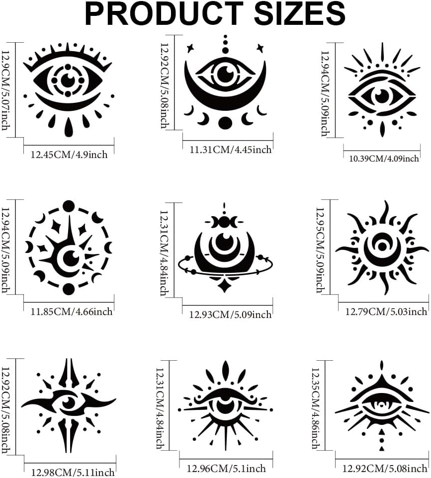MAYJOYDIY Magic Evil Eyes Stencils, 6x6 inch, 9 Pieces with Paint Brush, Moon Phases Star Template for Wall Furniture Canvas