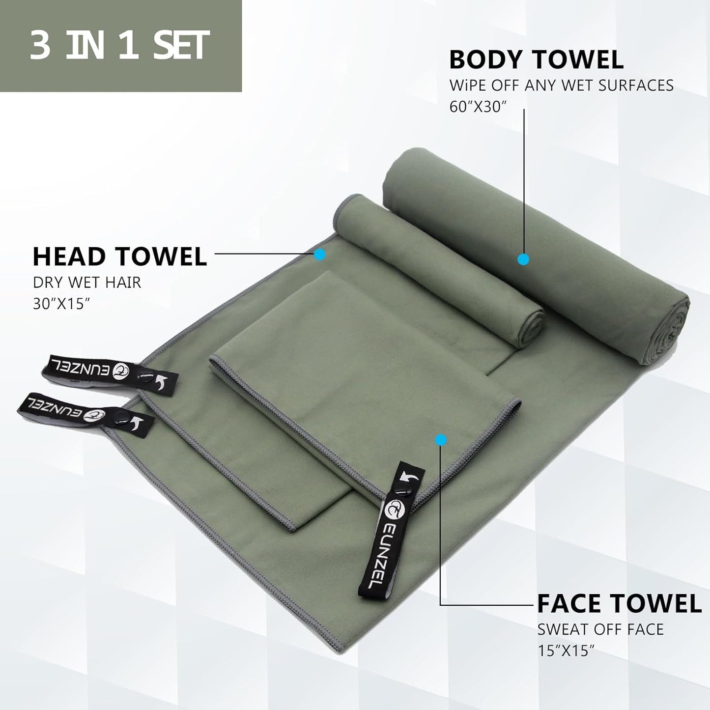 Eunzel 2 Pack Quick Dry Camping Towel, Microfiber Travel Towel 3 Size at 1 Pack,Fast Drying Towel Set for Camping, Beach, Gym, Sports, Yoga & Swimming Pool, Army Green/Orange