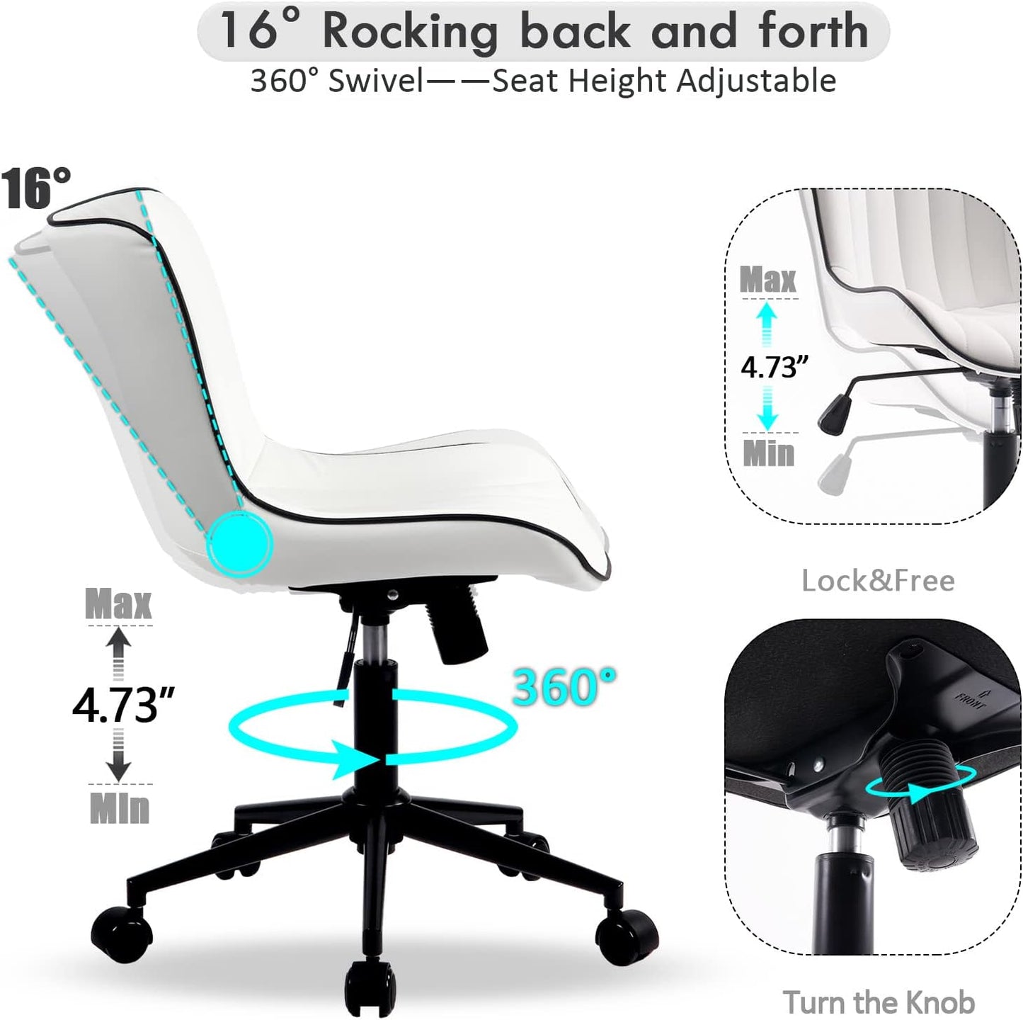 YOUNIKE Home Office Desk Chair with Wheels Armless Vanity Chair with Back Comfy Modern Leather Upholstered Rolling Task Chair Swivel Small Cute Computer Chair No Arms Wide Adjustable Ergonomic White
