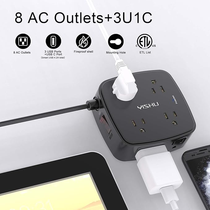 6 Ft Surge Protector Power Strip - YISHU 8 Widely Outlets with 4 USB Ports, 3 Side Outlet Extender with 6 Feet Flat Extension Cord, Ultra Flat Plug, Wall Mount, Desk USB Charging Station, ETL, Black
