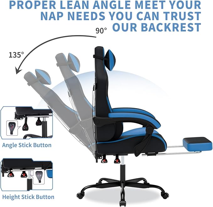 Gaming Chair with Footrest, Gaming Chairs PVC Leather Ergonomic Office Gamer Chair Headrest Lumbar Support Racing Style Video Gaming Chair for Office (Black Blue)