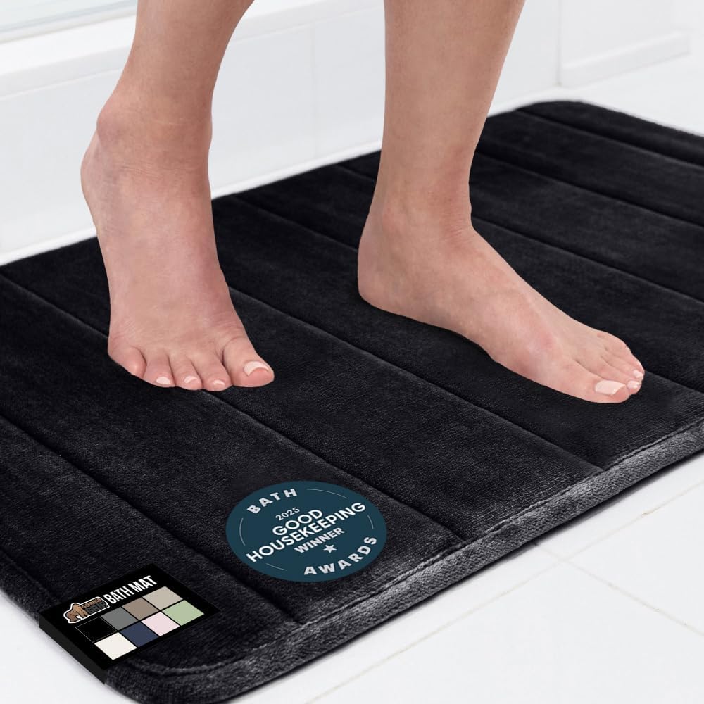 GORILLA GRIP Memory Foam Bath Mat, Soft Absorbent US Designed Bathroom Rug, Gripping Dots Machine Washable Bathmat, Cushioned Floor Mats, Shower Sink Rugs Room Décor Accessories, 30x20 Black