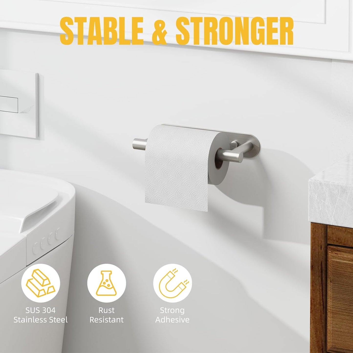 BESy Adhesive or Screw Toilet Paper Holder Wall Mount Rustproof Modern Roll Holder Flexible Pivoting Adjustable Tissue Handle with Self Adhesive or Mounted with Screws Stainless Steel Brushed Nickel