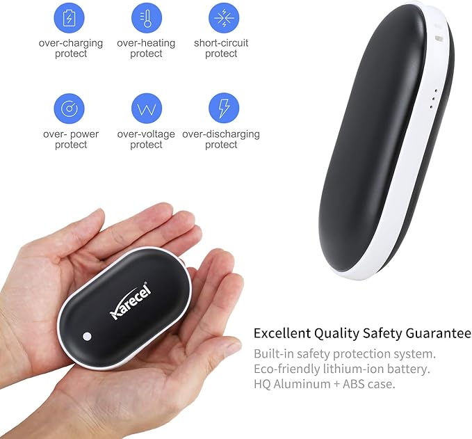 Karecel Hand Warmers Rechargeable 2 Pack, 10400mAh Double-Sided Heat Electric Handwarmers Powerbank, 4-inch Full-Surface Heat, Portable Camping Hand Warmers, Men Gifts for Christmas, Winter Essentials