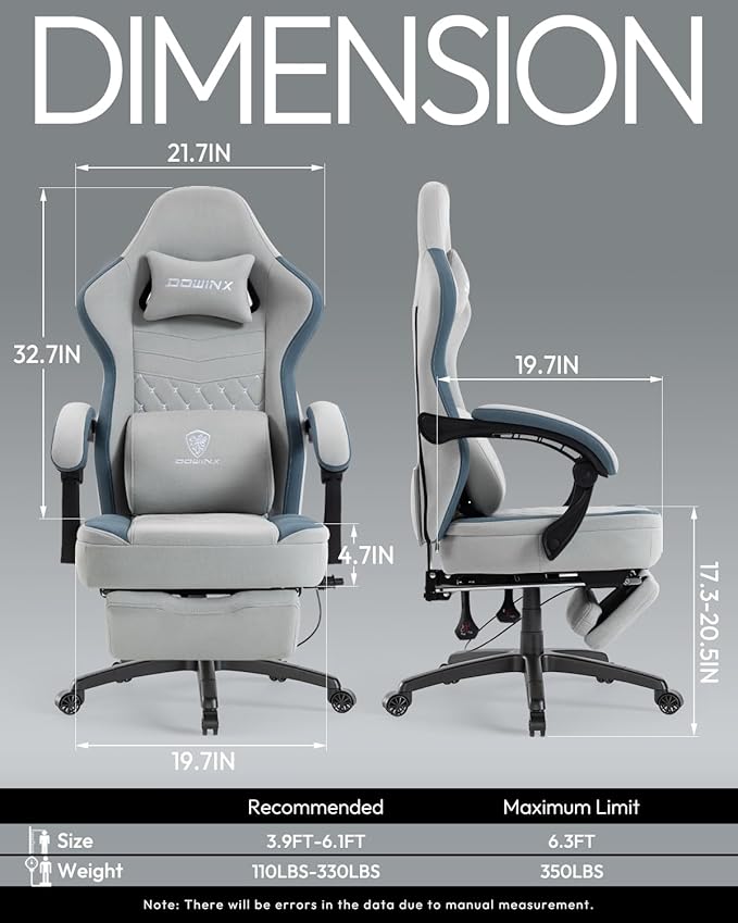 Dowinx Gaming Chair with Footrest, Breathable Fabric Gamer Chair with Gel Pad and Storage Bag, Ergonomic Office Chair with Lumbar Support for Home Task,Grey