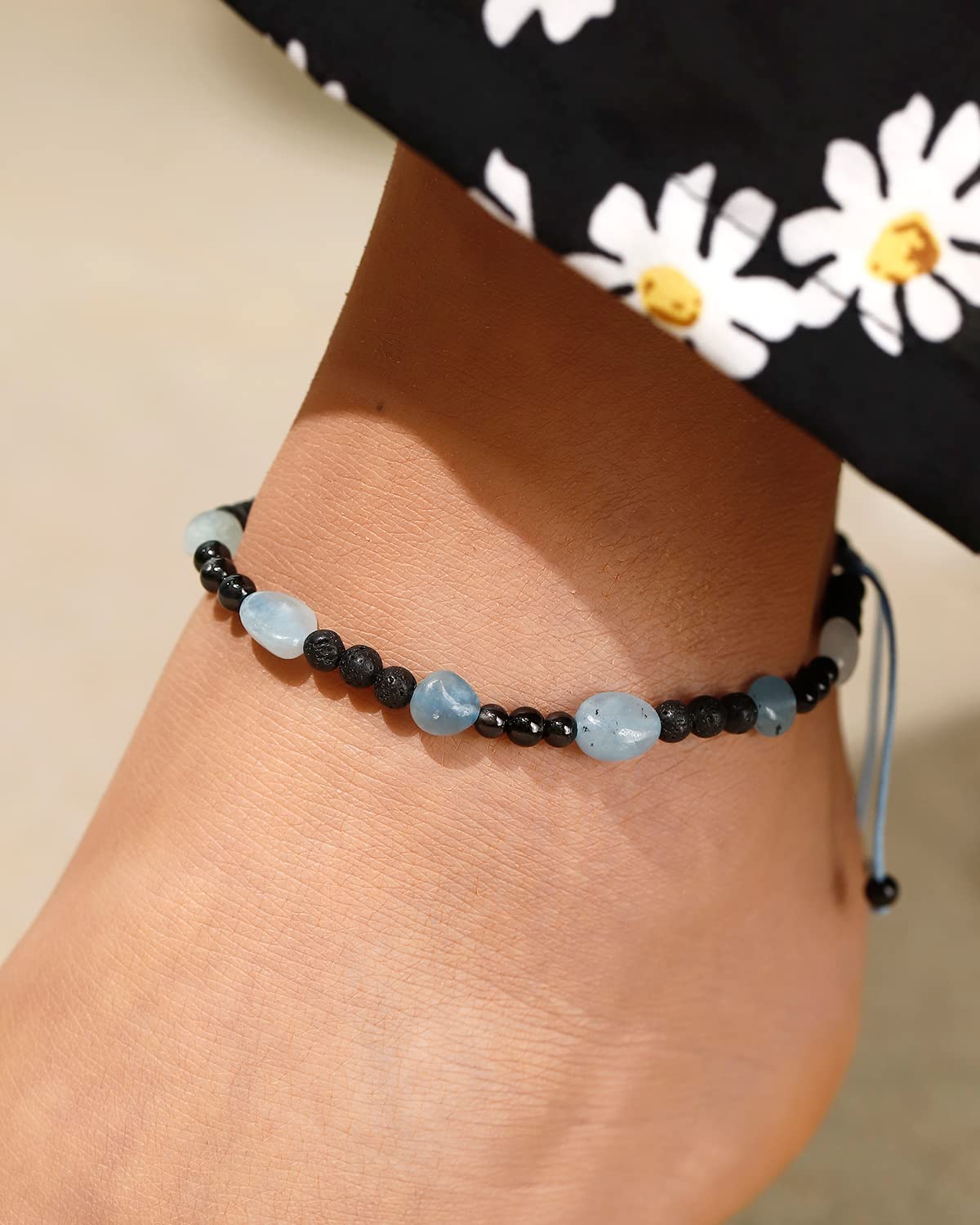 Jewever Black Agate/Lava Rock Anklet Tumbled Chips Healing Crystals and Gemstones Essential Oil Diffuser Ankle Bracelets for Women Adjustable (Aquamarine)