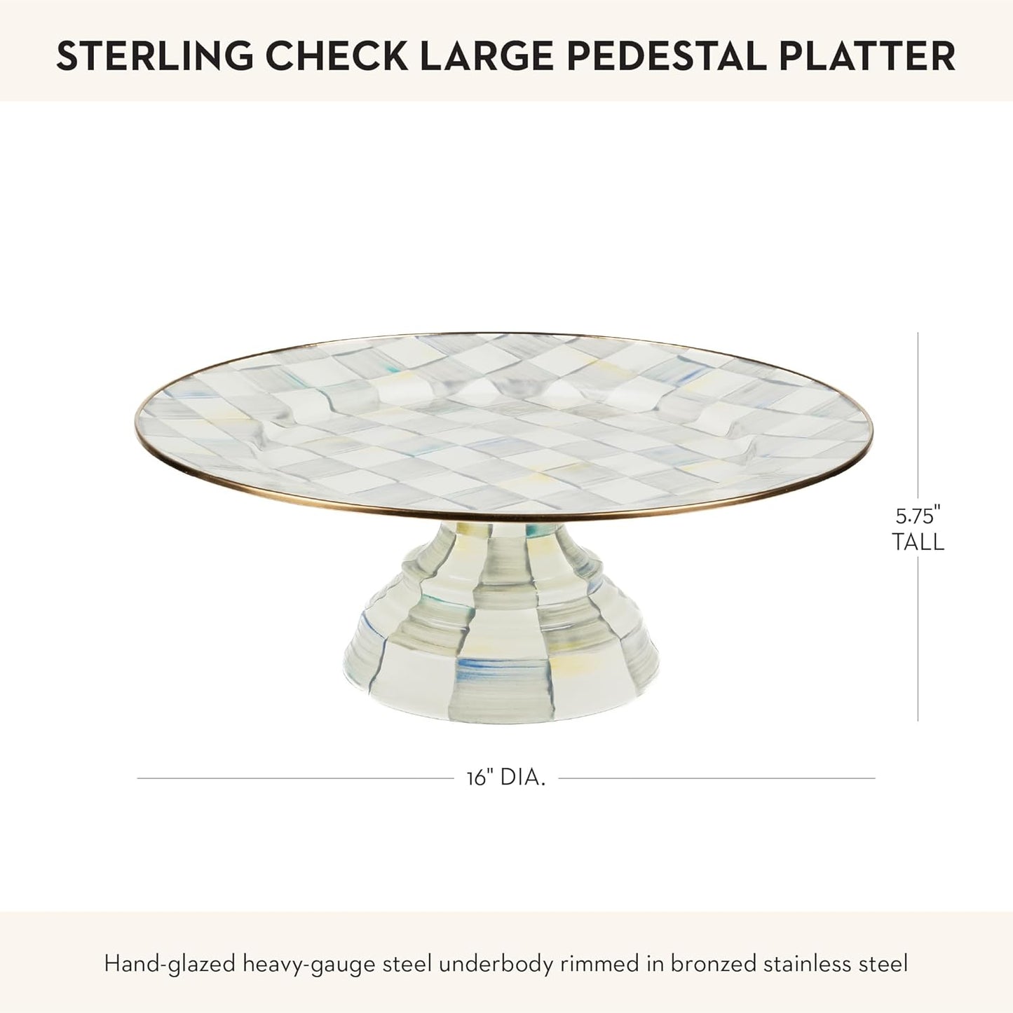 MACKENZIE-CHILDS Enamel Pedestal Platter, Round Cake Stand, Large, Gray-and-White Sterling Check