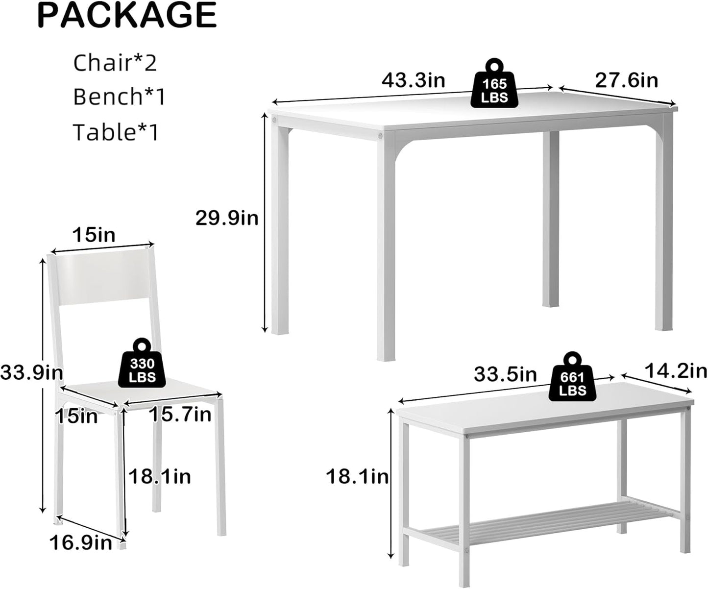 sogesfurniture 4-Piece Bench Style Dining Table Set, 4-Person Space-Saving Dinette for Kitchen，43'' Wood Kitchen Table & Chair Set for Breakfast Nook and Small Space, White