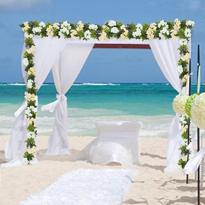 4 Pack Artificial Flower Garland Silk Roses Vines Fake Flowers Garland with Flowers Hanging Flowers Garlands for Wedding Arch Room Decoration 7.2 Ft (White)