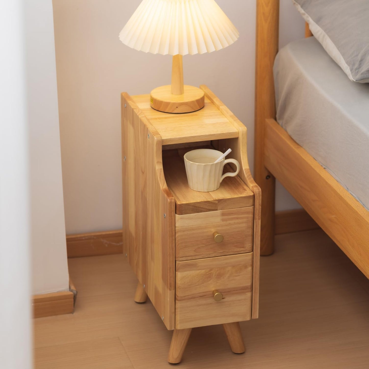 Small Nightstand, Narrow Nightstand, Solid Slim Wood Night Stand for Small Spaces, Couch, Nature Color 7.87in Wide