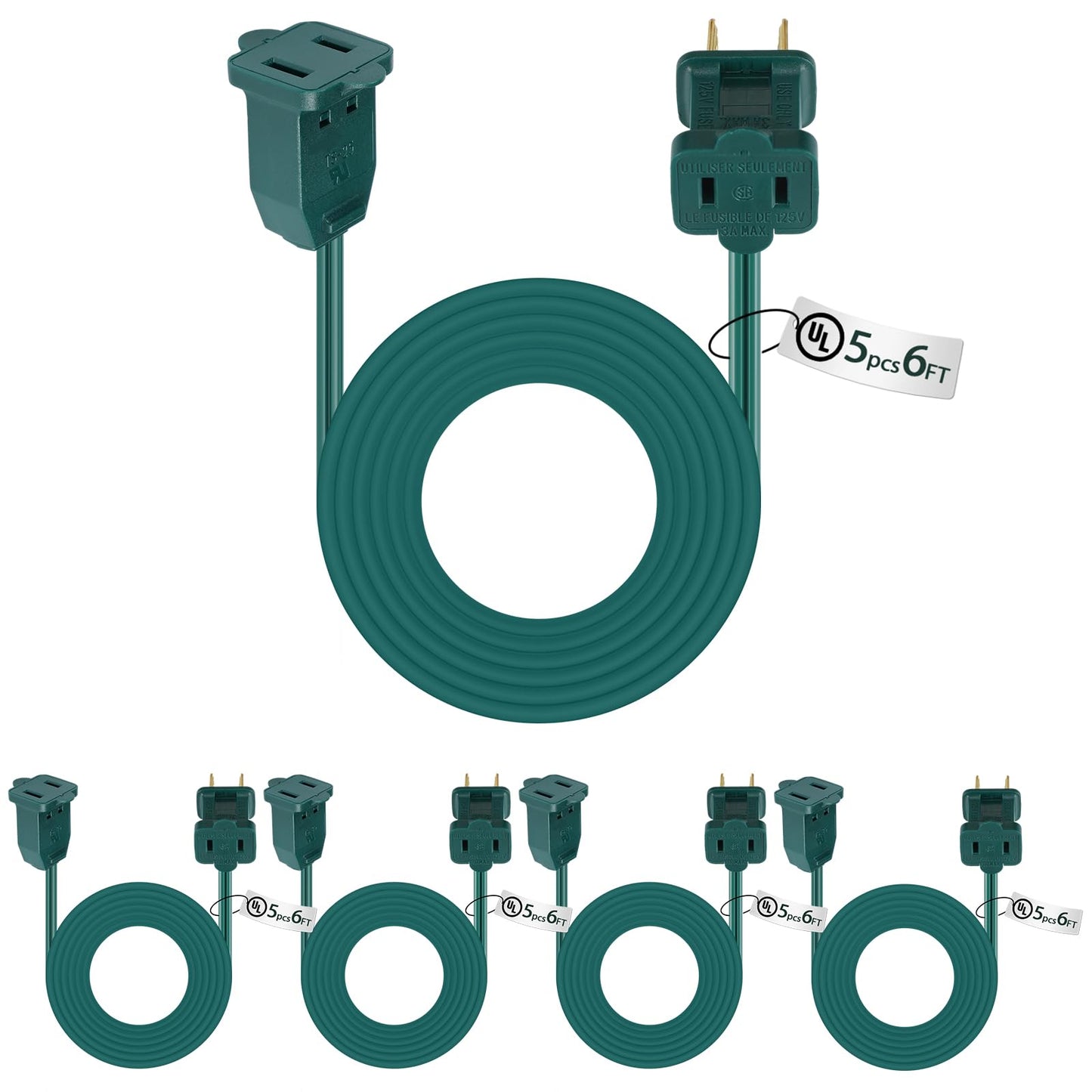Kanayu 20 Pack 6 ft Green Indoor Extension Cord 2 Prong Electric Cord Extender, Wire Plug in and End, Ac 120 Volts, for Outdoor