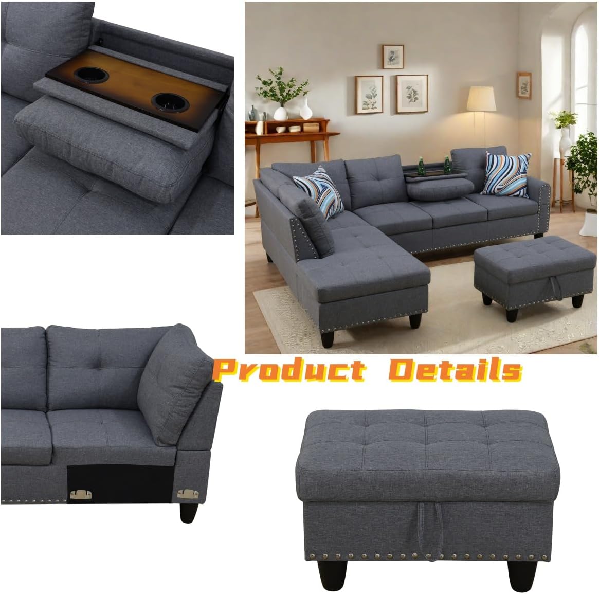 L Shaped Sectional Couch with Otttoman, 97" Leather Sectional Sofa for Living Room Modular Couches with Cup Holders for Bedroom, Apartments, Grey