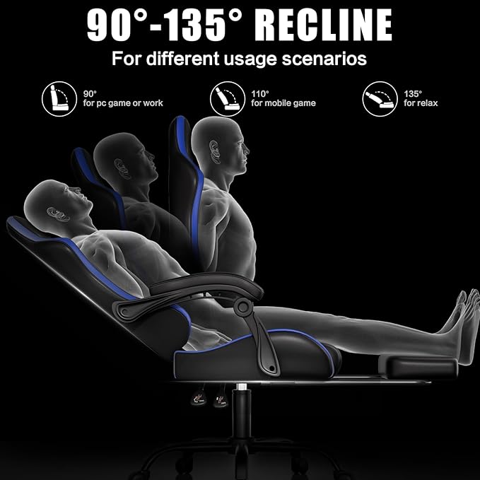 Gaming Chair with Footrest Racing Style Lumbar Support Massager Video Game Chair with Metal Legs, High Back Gamer Chair with Headrest, 360° Swivel Office Computer Desk Chair, Bright Blue