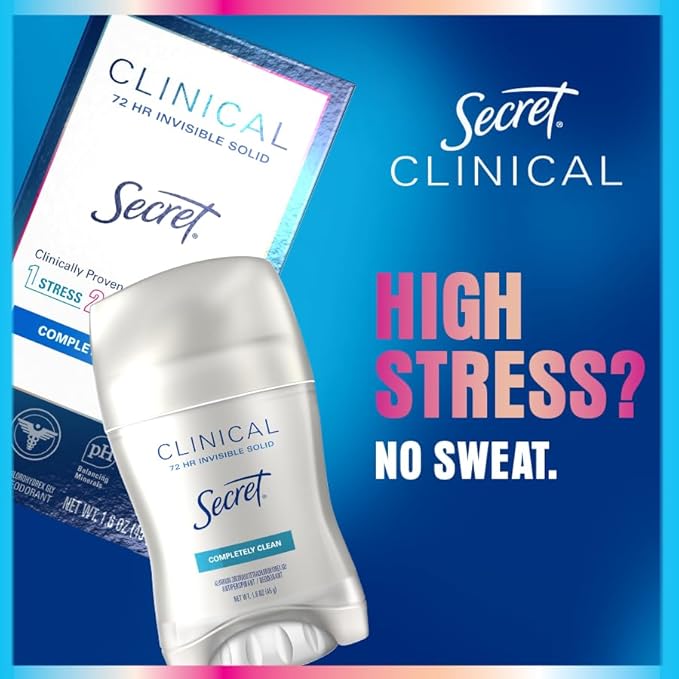 Secret Clinical Strength Antiperspirant Deodorant for Women, 3X Stress Protection, 72hr Sweat & Odor Protection, PH Balancing Minerals, Invisible Solid, Clean Lavender Scent, 2.6 oz