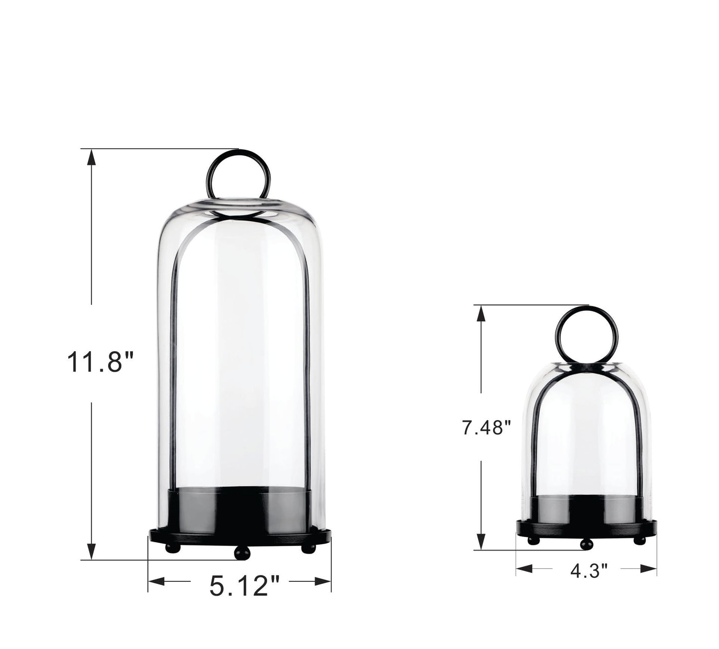 5" & 4" Wide Versatile Metal Candle Holder in Black with Handmade Thick, Heavy & Sturdy Glass Dome for Pillar Candle, Industrial, Modern, Shelf, Mantel, Veranda, Porch (Black, Large & Small)