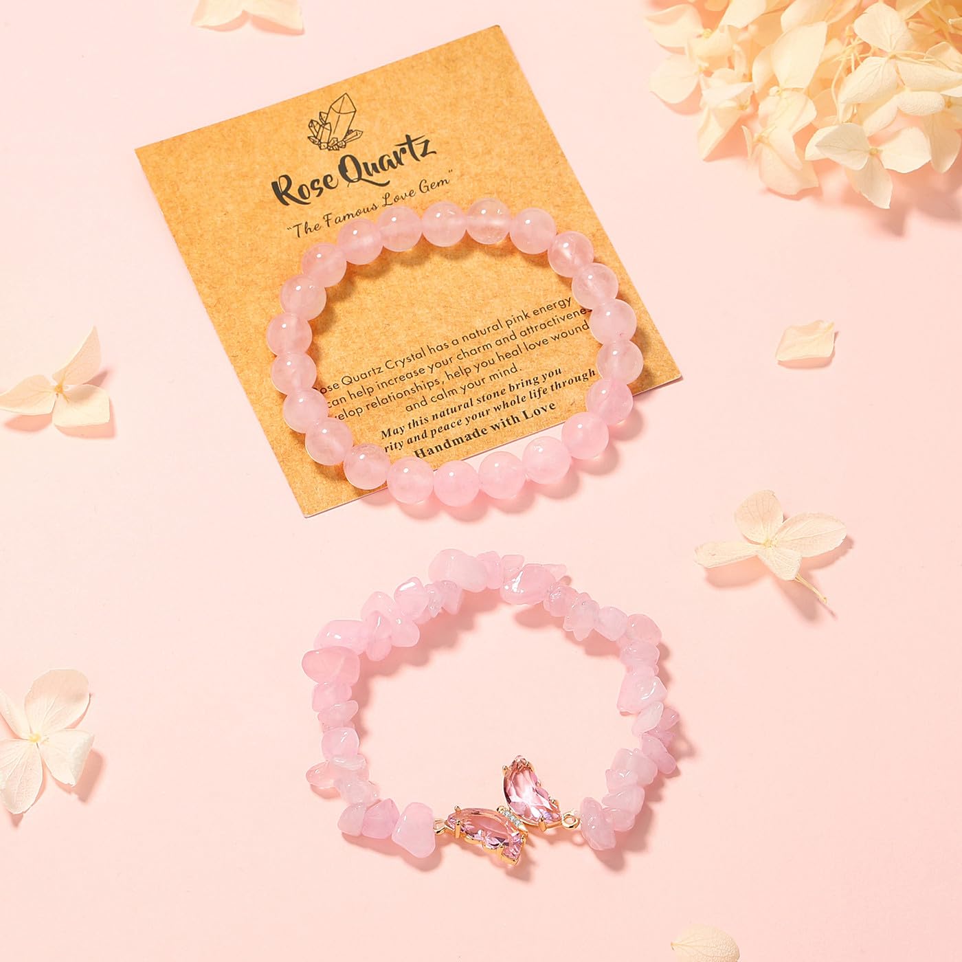 DUQGUHO 2Pcs Rose Quartz Butterfly Bracelets for Women, Pink, Cute Butterfly Charm, Healing Crystals, Crystal Gifts