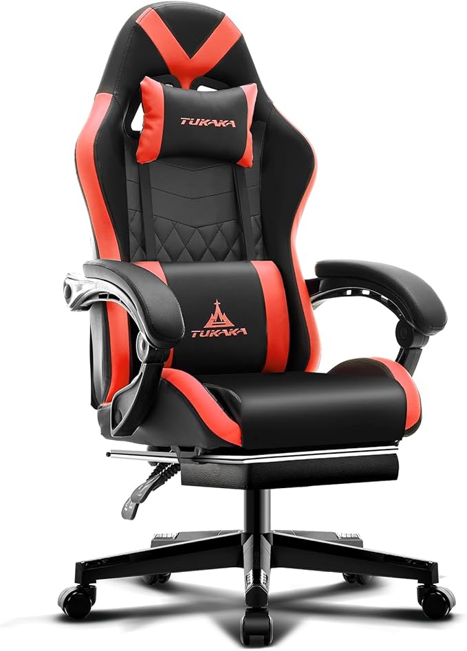 Gaming Chair,Ergonomic Massage Computer Office Desk Chair with Footrest,Pocket Spring Cushion,Reclining Leather Adjustable Gamer Chair with Headrest and Lumbar Support,Red