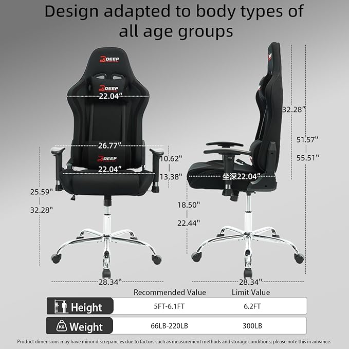 Ergonomic Fabric Gaming Chair with Footrest and Lumbar Support Racing Office Chair Adult-Specific Computer Gaming Chair Wrinkle-Resistant.(1005-Black)