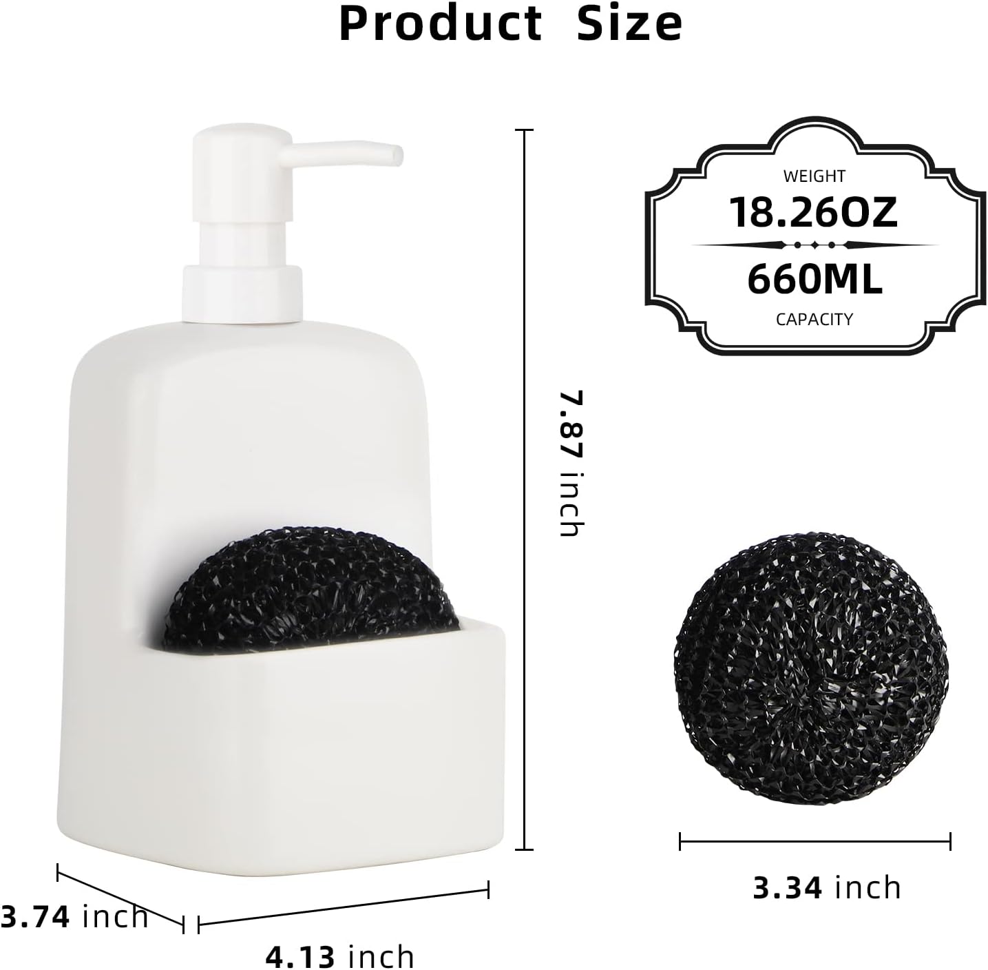 Dish Soap Dispenser - Kitchen Soap Dispenser with Sponge Holder Matte Ceramic Soap Daddy Dispenser 20oz for Kitchen (Matte White)