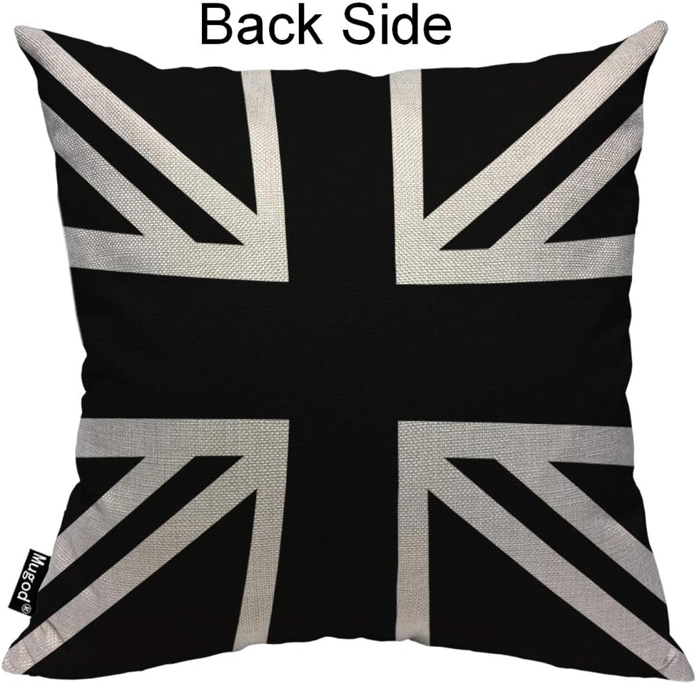 Mugod Union Jack Throw Pillow United Kingdom Flag Geometric Pattern Black and White Cotton Linen Square Cushion Cover Standard Pillowcase 18x18 Inch for Home Decorative Bedroom/Living Room/Car