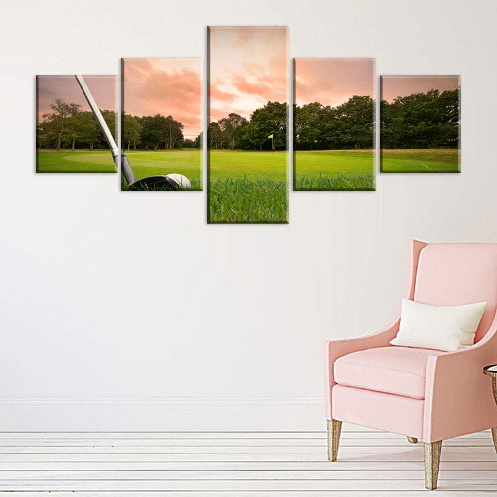 Wall Pictures for Living Room Golfing Sports Paintings Multi Panels Printed on Canvas Golf Field at Sundown Contemporary Artwork House Decor Giclee Framed Strethed Ready to Hang(50''W x 24''H)