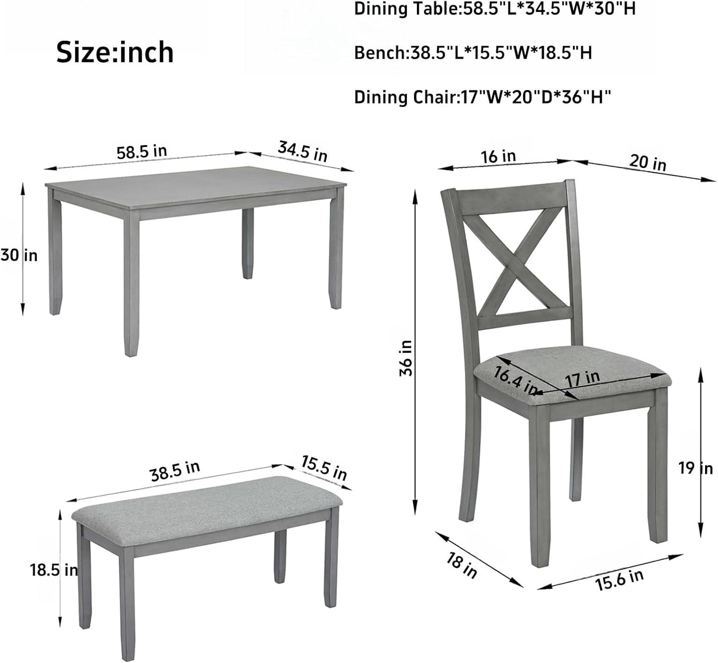 Dining Table Set, 6-Piece Kitchen Table & Chair Set with Rectangular Dining Table, 4 Upholstered X-Shaped Backrest Chairs and a Bench, Wooden Dining Table Set for 6 People, Gray