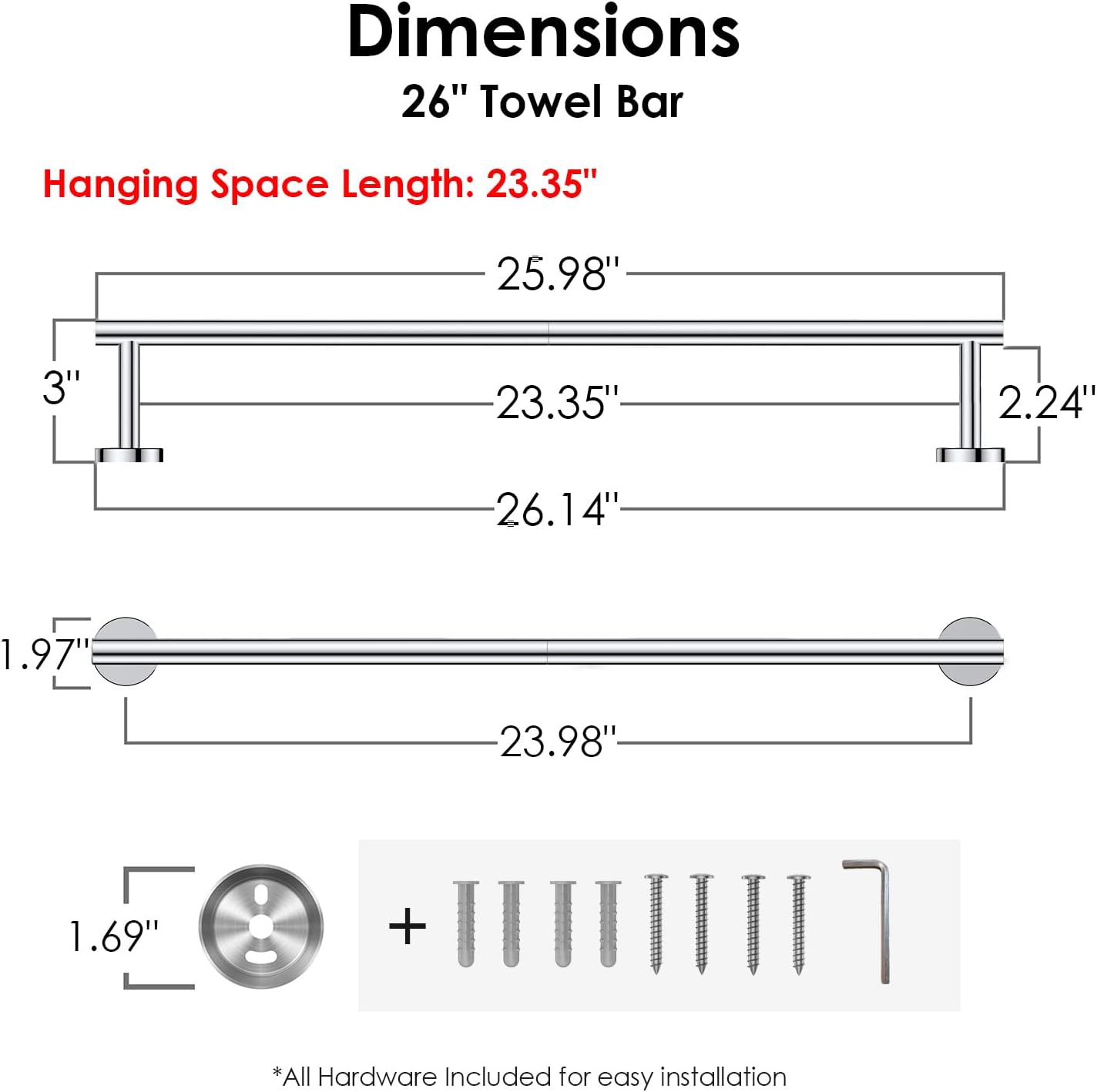FORIOUS Towel Bar Wall Mounted, Stainless Steel Towel Racks for Bathroom, Includes Wall Mounting Hardware (Chrome, 26 Inch)