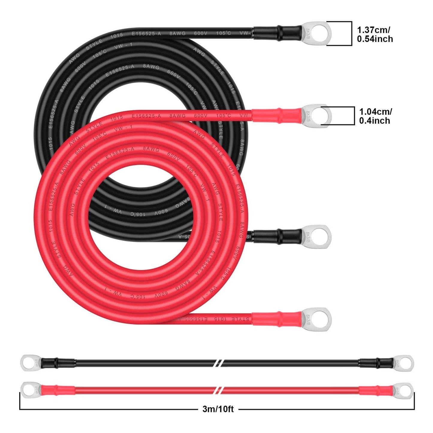 Battery Cable - Igreely 8 Awg 8 Gauge Wire Tinned Copper Wire Battery Power Inverter Cables With 3/8 Lugs Terminals For Solar